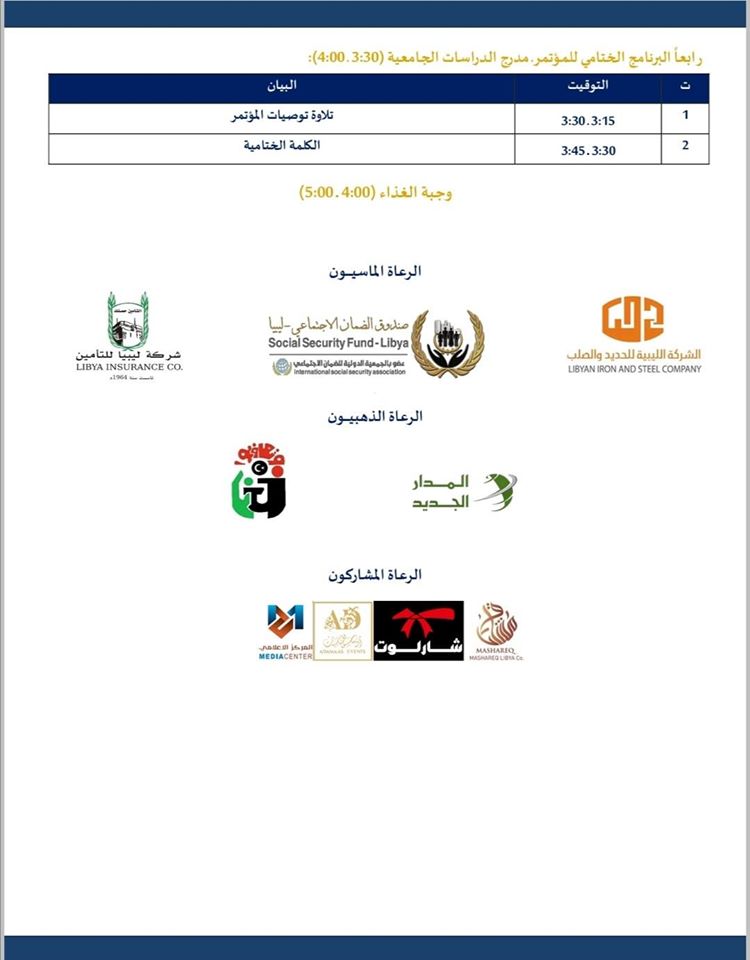 البرنامج الزمني الخاص بالمؤتمر الأكاديمي لدراسات الاقتصاد والأعمال في دورته الثالثة 