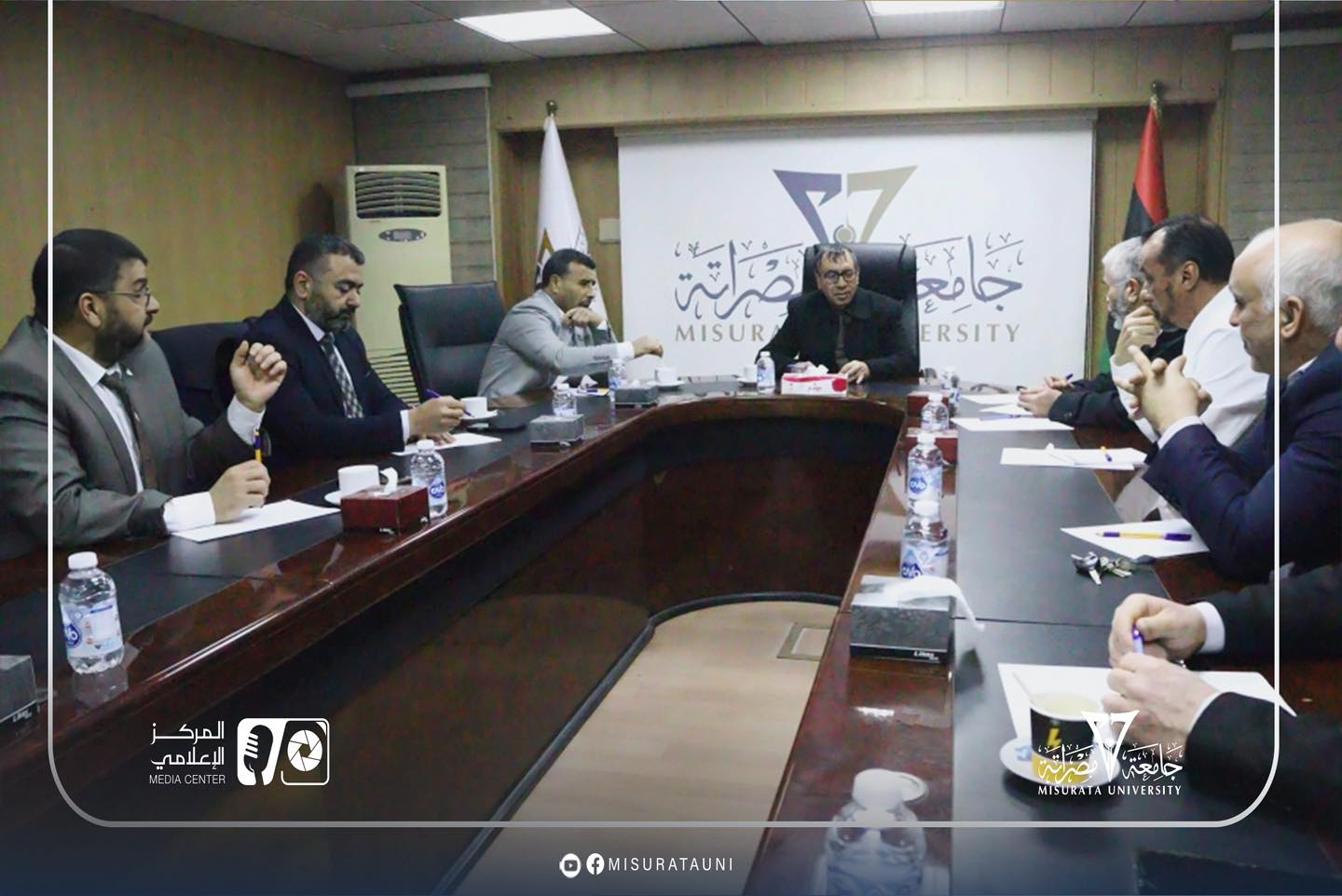 The meeting of the Higher Committee for the Preparatory Stage discusses the progress of the educational process at Misrata University.
                     width=