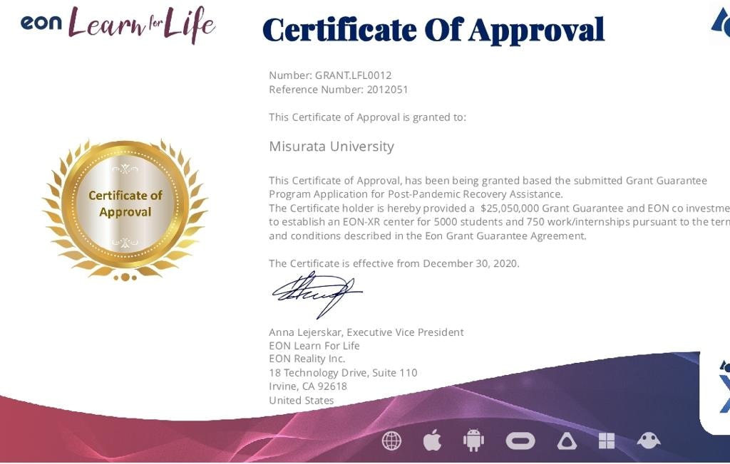 Misurata University, the Only Libyan University which Becomes a Member of the EON Reality Initiative for Augmented Reality/ Virtual Reality Education, and Providing Solutions for Digital Education after the Pandemic 
                     width=